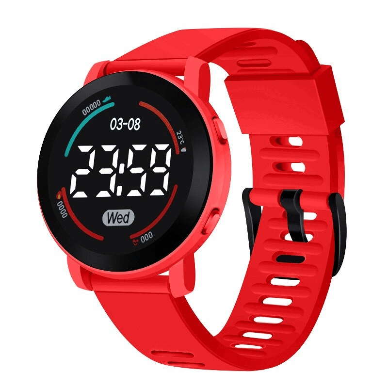 Casual Led Digital Slim Soft Electronic Wristwatch SF0438 in red with a sleek silicone band, showing time and date on an LED display.